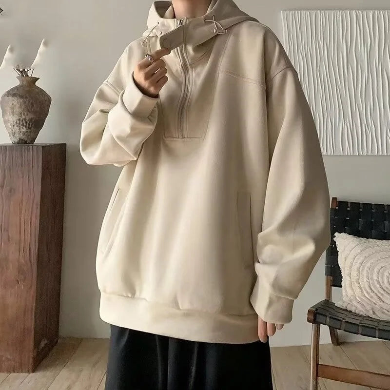 HEARUJOY  -  Japanese Retro Semi-zipper Solid Color Hooded Sweatshirt Men Women Autumn Winter Trendy Brand Loose Couple Casual Jacket