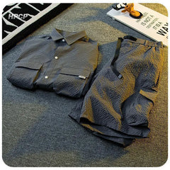 HEARUJOY  -  Texture Ice Silk Workwear Suits Men Short sleeve Shirt And Shorts Two-piece Set Summer Cool Quick Drying Loose Outfits Oversize