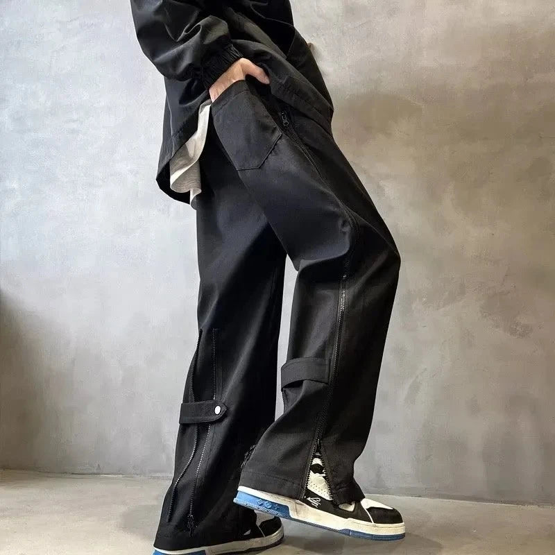 Hearujoy Wide Leg Pants Men Sports Tracksuit Zipper Slit Oversize Trousers Male Loose Casual Streetwear Hip Hop Spring and Autumn