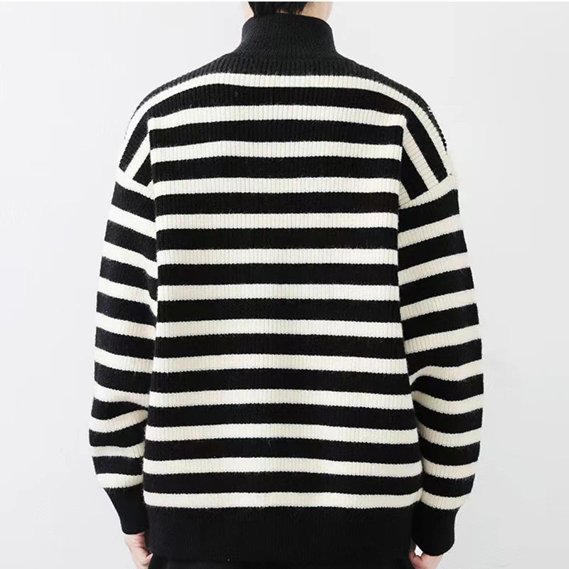 HEARUJOY  -  Fall Winter Daily Casual Men's Sweater Stylish Striped Crochet Knitted Pullover Men Fashion Turtleneck Buttoned Sweaters