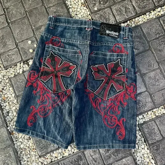 Hearujoy Street washed geometric cross embroidery raw edge high quality baggy denim shorts for womens y2k summer new simple sports pants