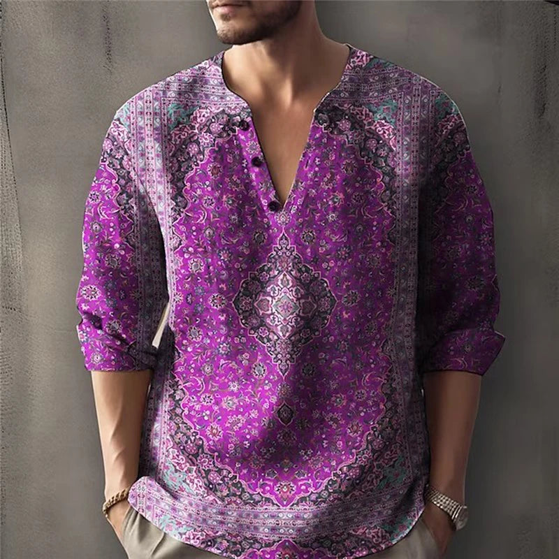 HEARUJOY  -  Vintage Ethnic flower 3D Print Shirt For Men Spring Autumn Long sleeve V-neck Tee Tops Fashion Casual Pullover Shirts Streetwear
