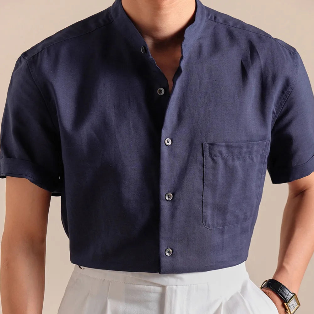 HEARUJOY  -  Natural Linen Cotton Blend Stand Up Collar Shirt Top Quality Men's Short Sleeved Casual Loose Thin Breathable Shirt 3 Colors