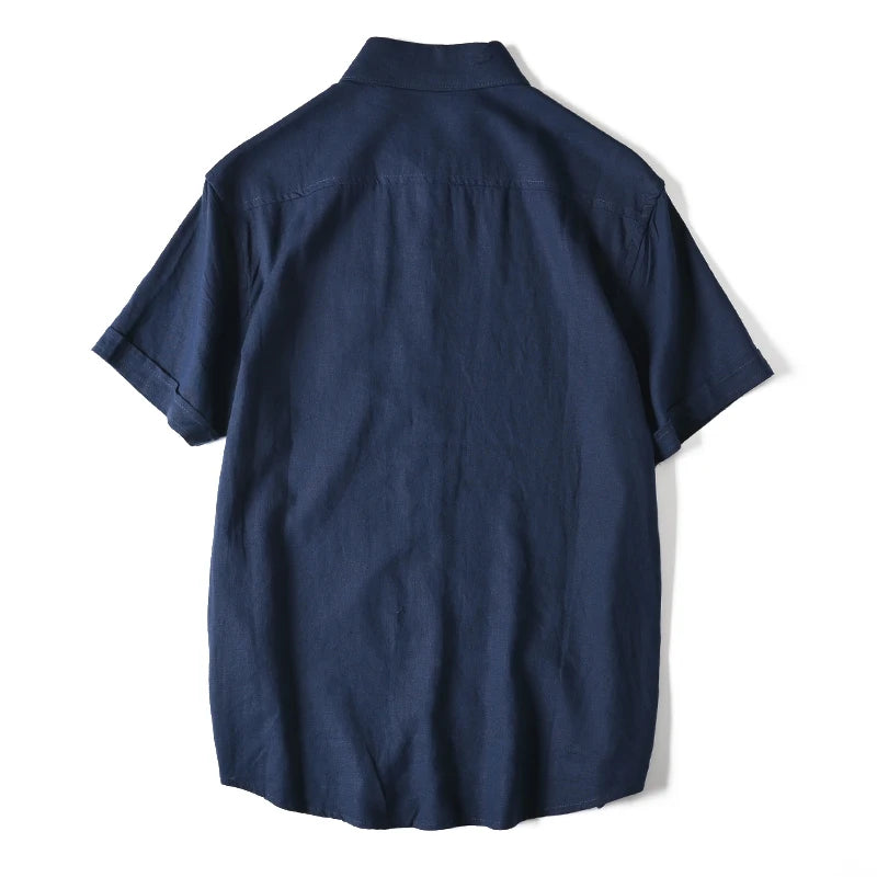 HEARUJOY  -  Men's Summer Cotton Linen Shirt Solid Color Skin Friendly Breathable Short Sleeve Lapel Shirts With Chest Pocket