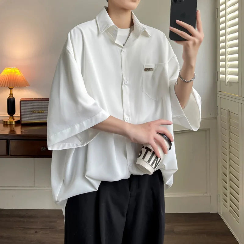 HEARUJOY  -  Summer Short Sleeved Shirt Men Society Mens Dress Shirt Korean Loose Ice Silk Shirt Mens White Casual Shirts Large Size 5XL
