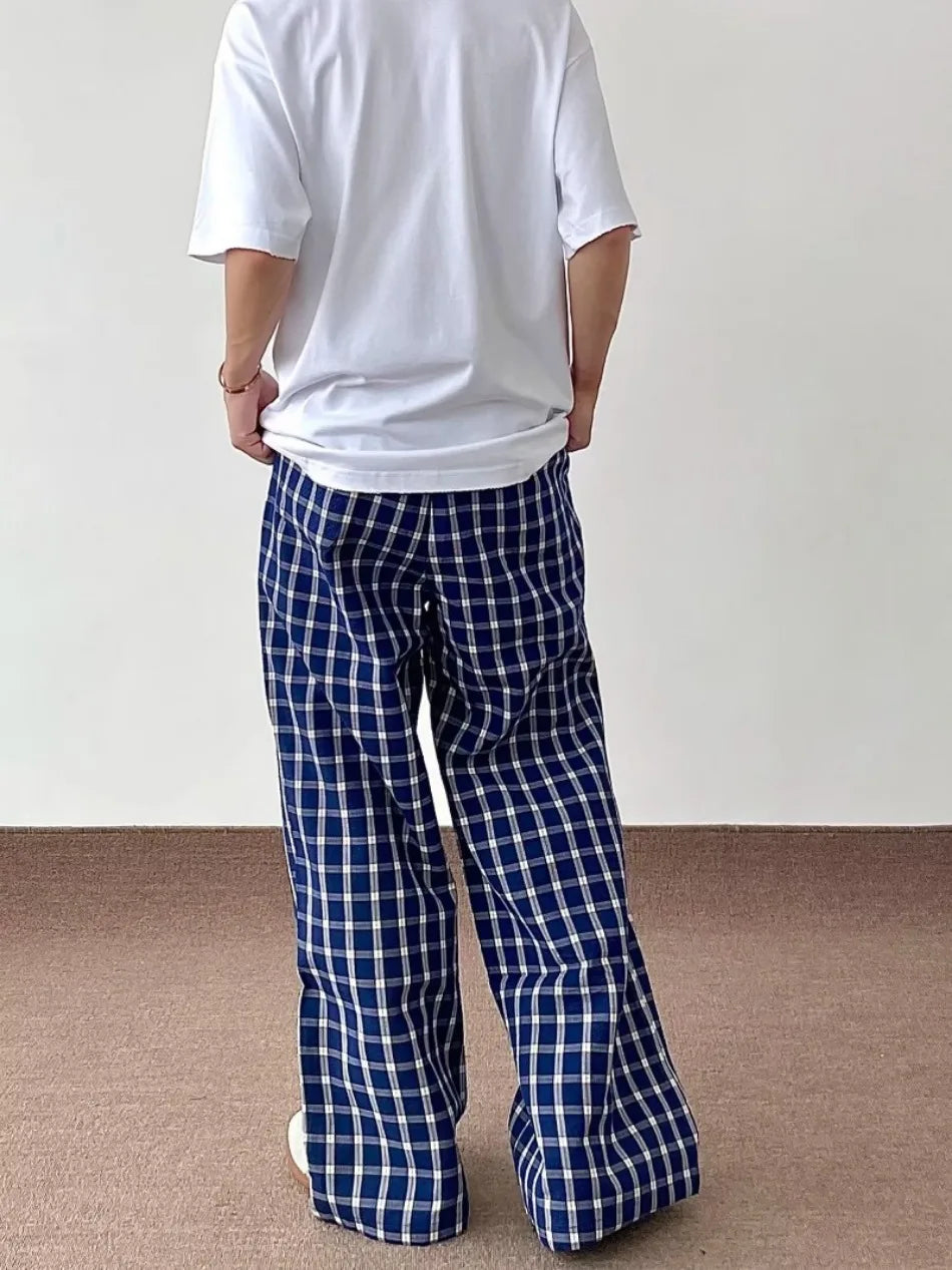 HEARUJOY  -  Blue Checkered Straight Leg Pants Mens Retro Trendy Loose Couple Casual Trousers Multiple Buckles College Pantalones Hombre