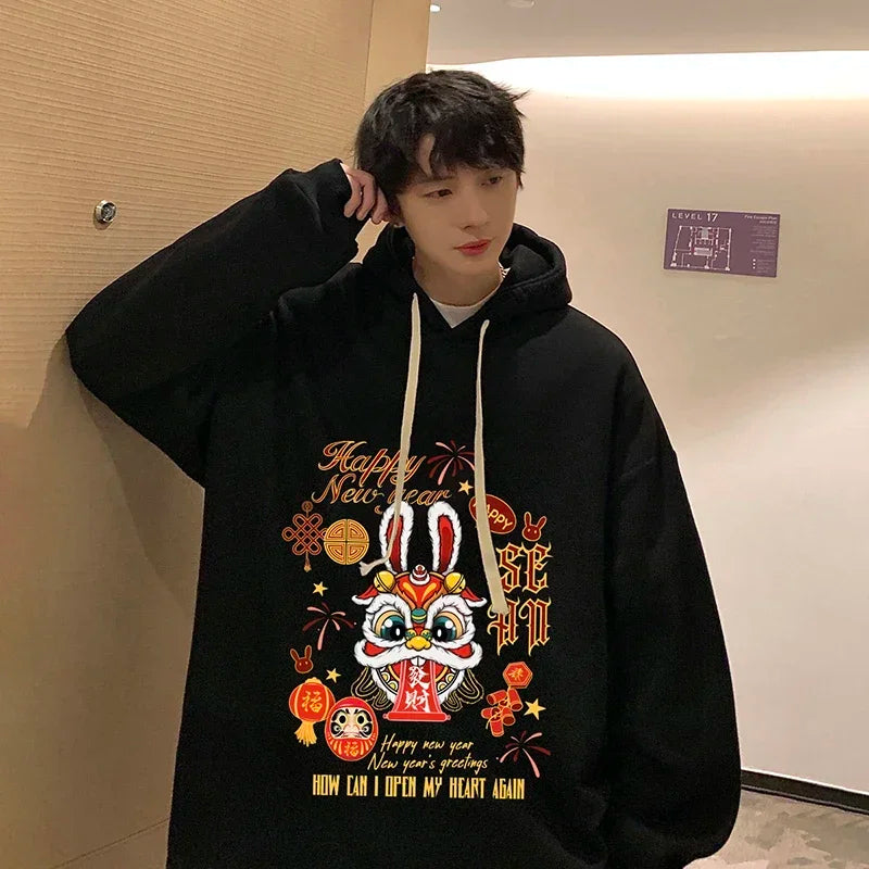 HEARUJOY  -  Men's Oversized Hoodie Off White Rabbit Print Hoodies with Hat Over Size for Men 5XL Man Hoody Casual Wear Male Sweatshirt