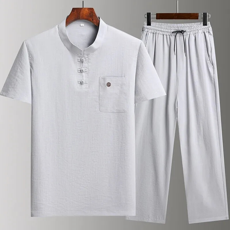 HEARUJOY  -  Chinese style Shirts + Pants summer 100% Cotton linen Sportswear Men's Casual Sets Male Fashion Chinese style trousers