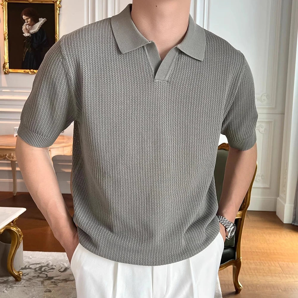 HEARUJOY  -  Casual Outings Short Sleeve Knitted Top Loose Fit Short Sleeve Top Fashion Male Clothing Slight Stretch Fabric
