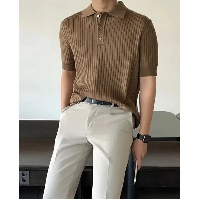 HEARUJOY  -  Summer Short Sleeved T-shirt Men Slim Fit Fashion Casual Knitted T Shirt Men Streetwear Korean White Lapel T Shirt Mens Top