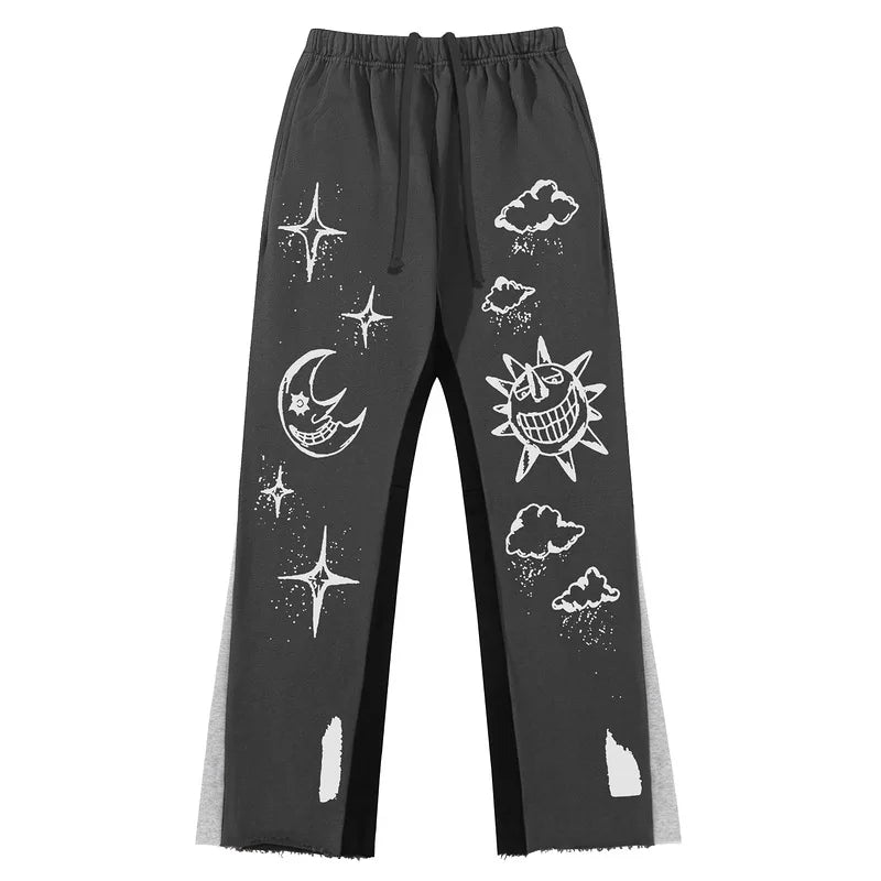 Hearujoy Harajuku Casual Pants with Print Men Sweatpants Patchwork Loose Black Wide Leg Trousers Male Streetwear Hip Hop