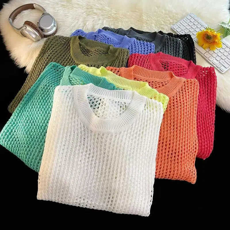 HEARUJOY  -  Hollow Hole Men Women knitted Tshirts High Street Fashion Loose Long Sleeved Top Autumn Sexy Mesh Knit Sweater Pullover Unisex