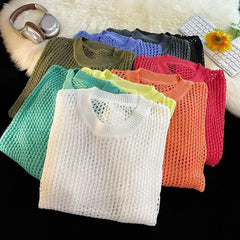 HEARUJOY  -  Hollow Hole Men Women knitted Tshirts High Street Fashion Loose Long Sleeved Top Autumn Sexy Mesh Knit Sweater Pullover Unisex