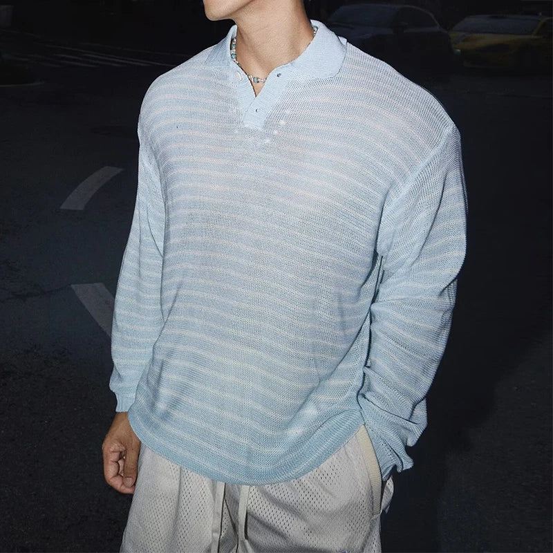 HEARUJOY  -  Stylish Striped Textured Polo Shirts Mens Vintage Hollow Out Knitted Tops Men Spring Autumn Casual Breathable Knitting Pullover