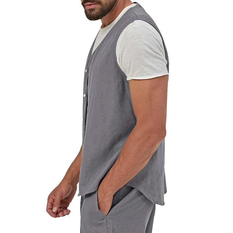 HEARUJOY  -  Summer Thin Button Casual Solid Color Linen Youth Vest Button Men's Sleeveless Tops