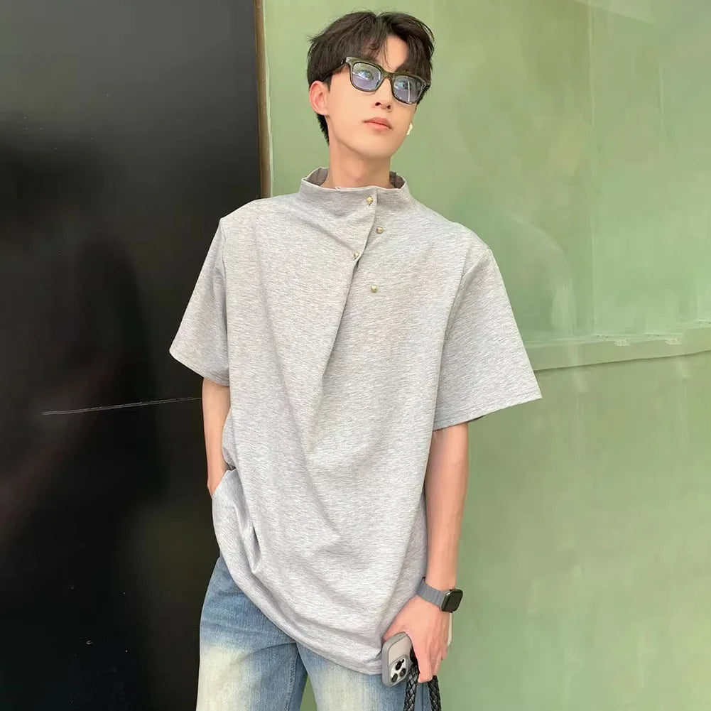 HEARUJOY  -  Men Korean Stand Collar Retro Casual Tee Tops Short Sleeve Street Wear Men's Loose T-Shirt Breathable