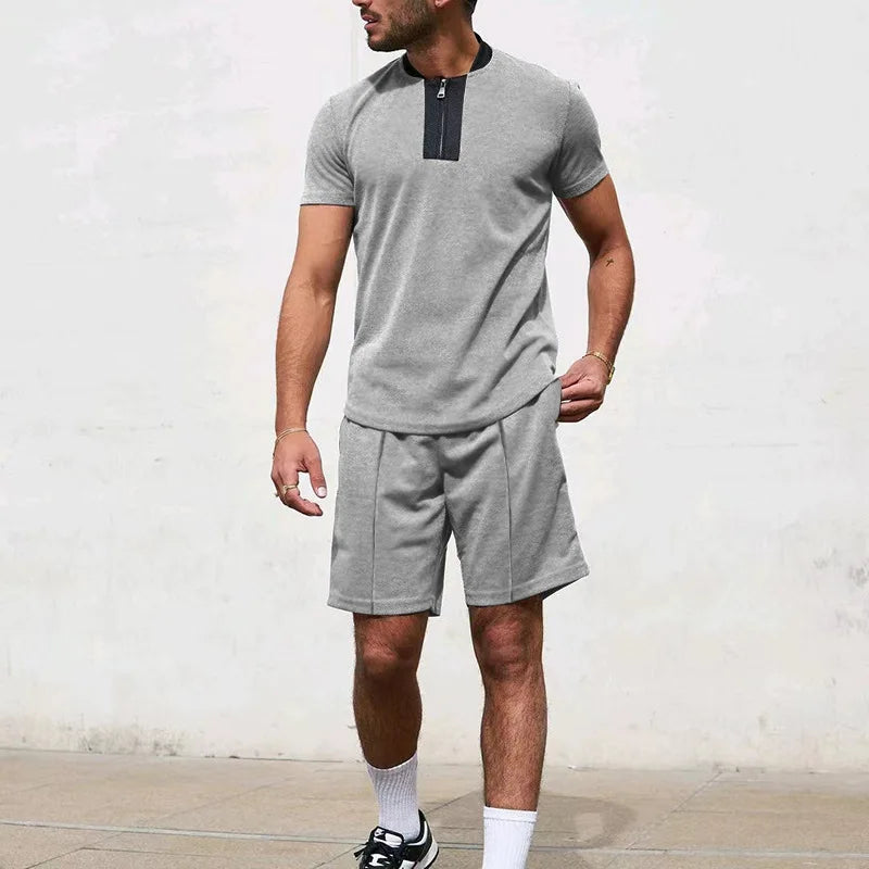 HEARUJOY  -  Men's Tracksuit 2 Piece Set Waffle V-neck Zipper Short Sleeve T Shirt And Shorts Summer Casual Fashion Sport Suit  Man Clothing