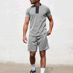 HEARUJOY  -  Men's Tracksuit 2 Piece Set Waffle V-neck Zipper Short Sleeve T Shirt And Shorts Summer Casual Fashion Sport Suit  Man Clothing