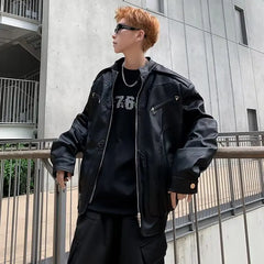 HEARUJOY  -  American Vintage High Street Leather Jacket Men Long Sleeve Stand Collar Motorcycle Tops Spring Autumn Fashion Handsome PU Coat