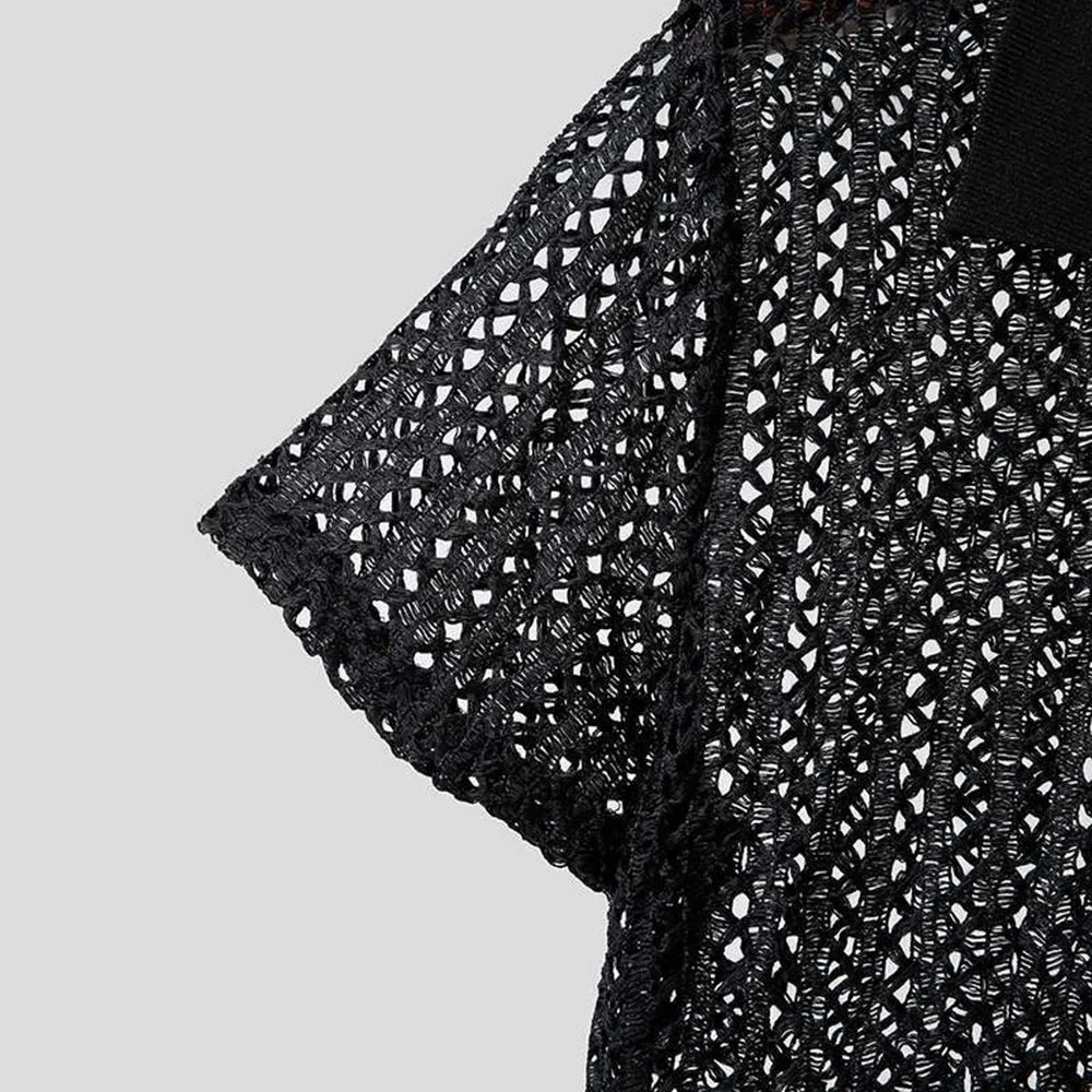HEARUJOY  -  Mens Shirt Hollow Perspective Mesh Casual T-Shirt Niche Personality Breathable Versatile Sexy Tops Men'S Clothing Summer New