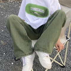 Hearujoy Green Jeans Baggy Distressed Vintage Denim Trousers Male Wide Leg Pants Men Streetwear Retro Oversize Casual Hip Hop