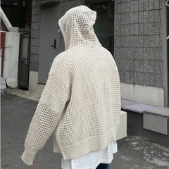 Hearujoy Vintage Knit Mesh Coat for Men Hole Hooded Cardigan Long Sleeve Tee Male Casual Autumn Japanese Streetwear Hip Hop