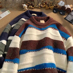 Hearujoy Vintage Striped Sweater Men's Book Winter Contrasting Lazy O-neck Knitted Sweater Youth American Base Pullover Men Clothing