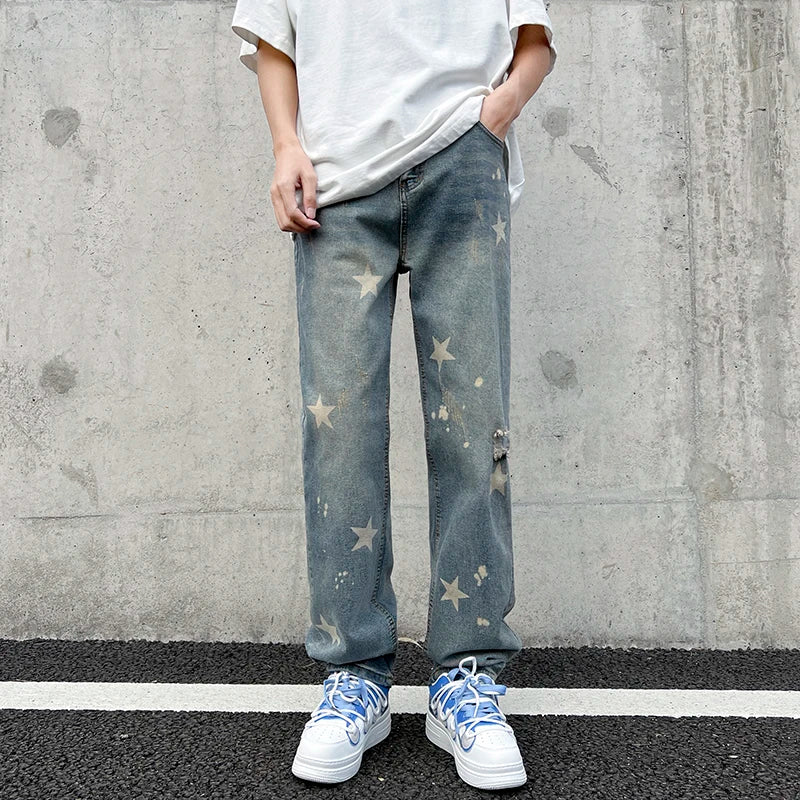 Hearujoy New Style Men's Pentagram Printed Jeans Street Hip-hop Loose Straight Pants Y2k Street Dance Unisex Pants Men Clothing