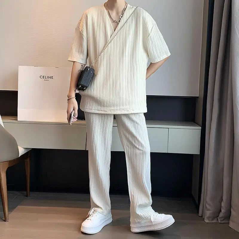 HEARUJOY  -  Korean Style Fashion Ice Silk Sports Suit Men's Large Size V-neck Short-sleeved T-shirt Trousers British Handsome Two-piece Set