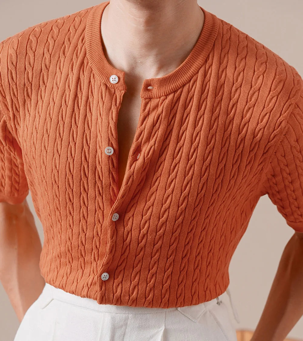HEARUJOY  -  Summer Tencel Cotton Jacquard Knit Cardigan Men's Short Sleeve Thin Round Neck Draped Casual Business T-Shirt Breathable Polo