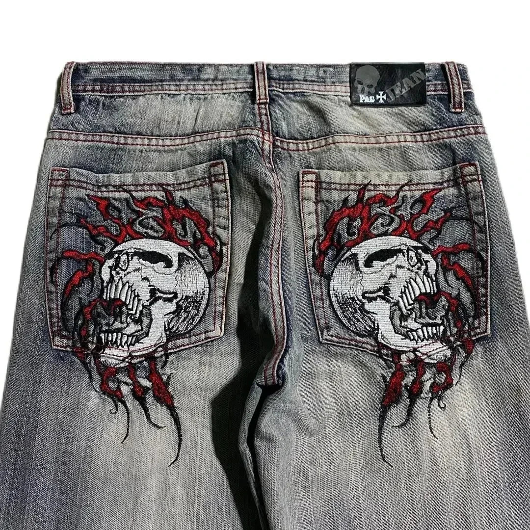 Hearujoy Goth Hip Hop Oversized Skull Embroidery Pattern Y2k Baggy Jeans New Men and Women Straight Black Jeans Retro Casual Denim Pants