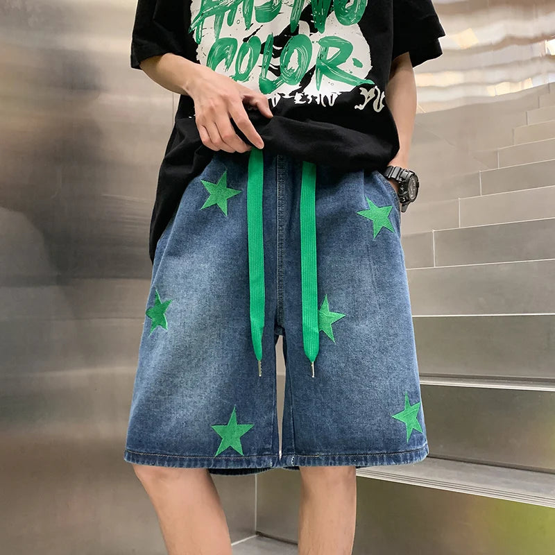 Hearujoy Men's Street Hip-hop Denim Shorts Fashion Brand Star Print Loose Wide Leg Capris Summer Versatile Fashion Casual Pants