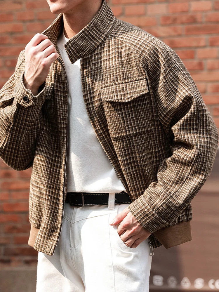 HEARUJOY  -  New Casual Zip-up Stand Collar Men's Jackets 2025 Autumn Winter Outdoor Fashion Houndstooth Jacket Coats men Stylish Outerwear
