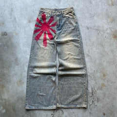 Hearujoy Y2K Fashion Red Print Grey Washed Baggy Jeans Men Women American Streets Harajuku Gothic Skateboard Pants Vintage Street Clothes