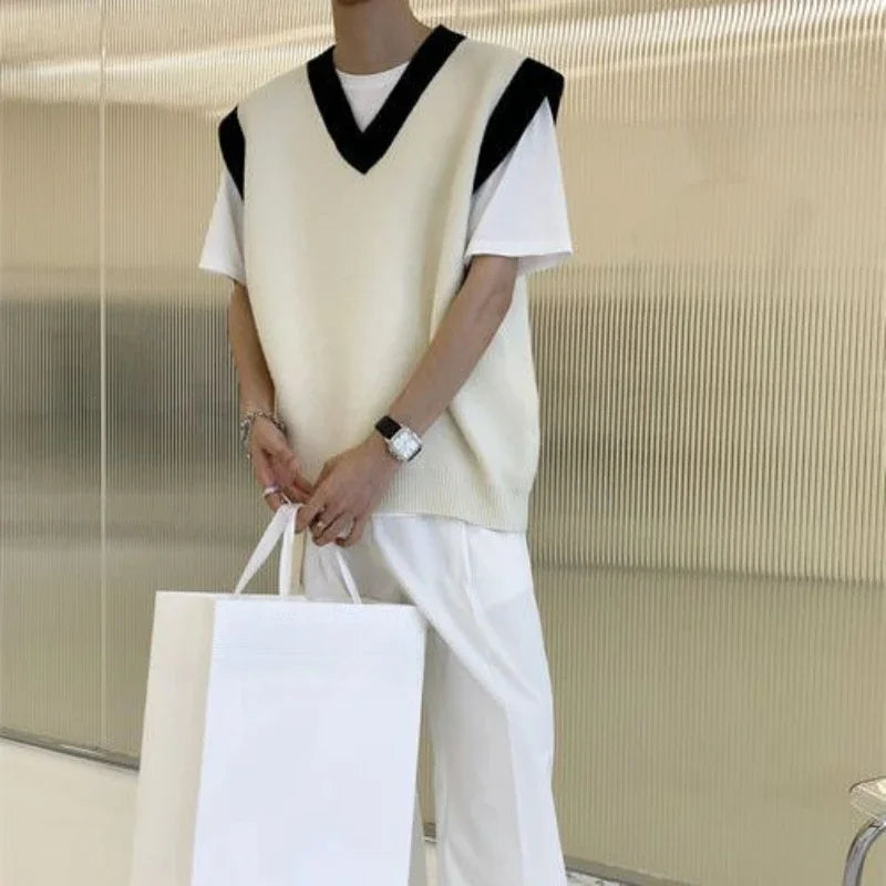 HEARUJOY  -  White Striped Knitted Sweaters For Men Vest V Neck Man Clothes Sleeveless Waistcoat Thick Winter Old Cotton Wholesale Sale S