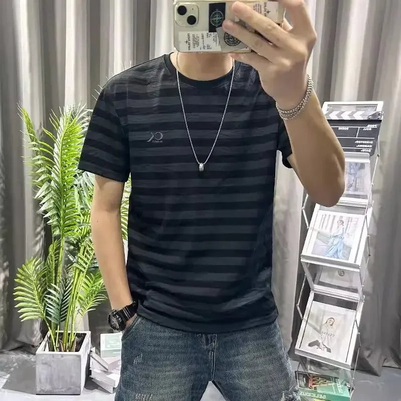 HEARUJOY  -  Man Tee Shirts O Neck Striped Apricot Cotton Linen T Shirt for Men Short Quarter Sleeve Summer Basic Cheap Clothes Ordinary Top
