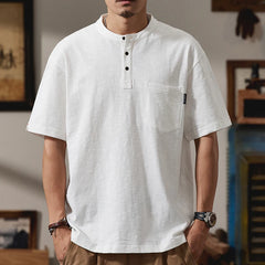 HEARUJOY  -  Summer Men Heavyweight Short Sleeve T-shirt High Quality Sold Color Button Slim-Fit Henley T-Shirts with Pocket