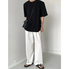HEARUJOY  -  Summer Cotton Short Sleeved T-shirt Men Black White Casual T Shirt Men Streetwear Korean Loose Shoulder Pad T Shirt Mens Top