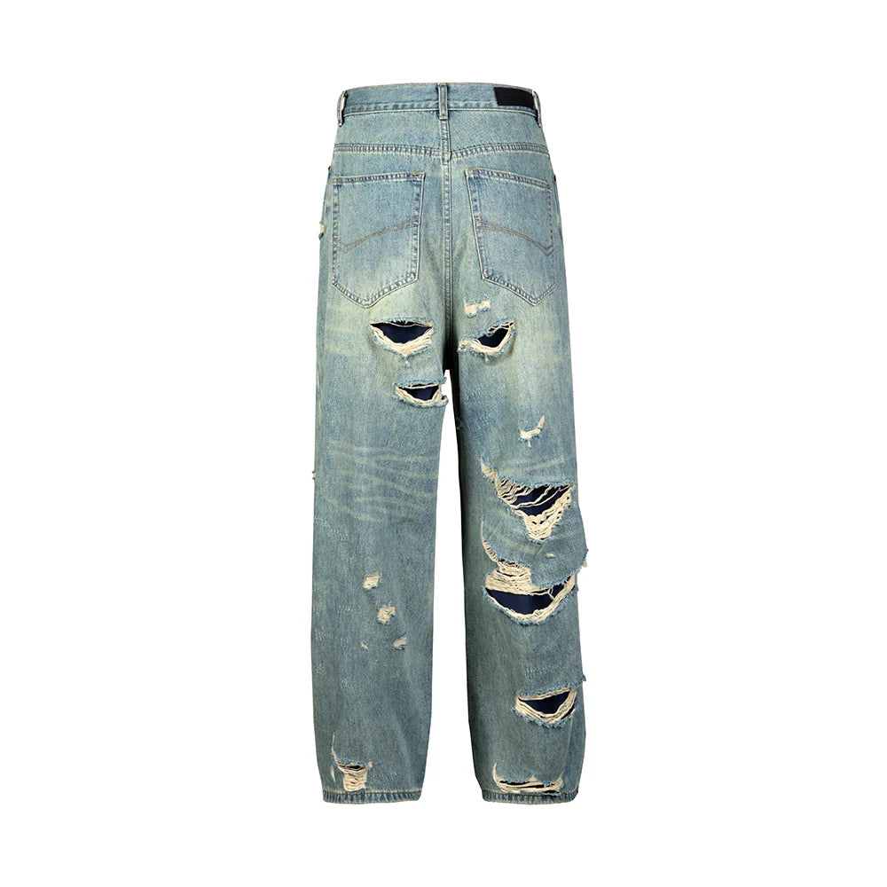 Hearujoy Distressed Washed Blue Baggy Wide Leg Jeans for Men and Women Frayed Casual Denim Trousers Oversized Loose Cargo Pants