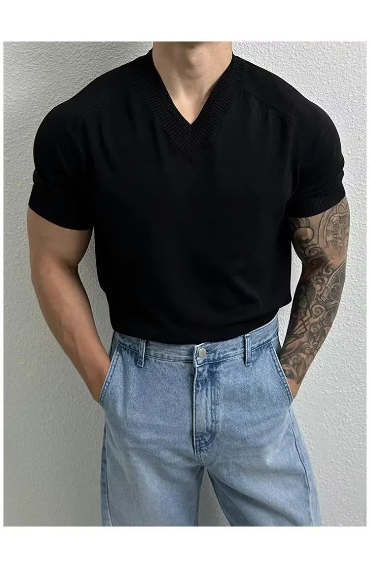 HEARUJOY  -  Men's Clothing Light Luxury Knit V Neck Short-sleeved T Shirt Solid Color Leisure Korean Popular Streetwear Retro Knitwear M-3XL