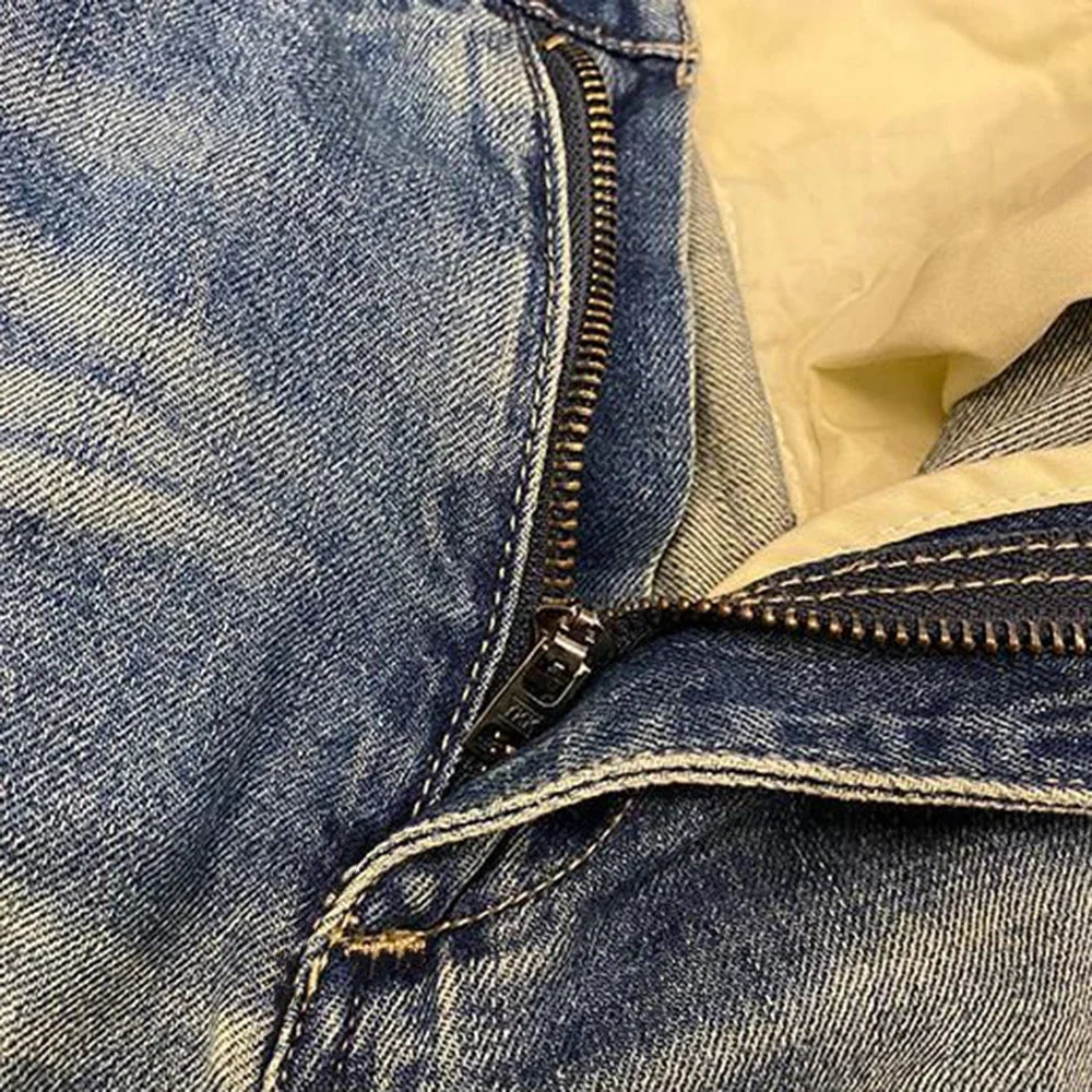 Hearujoy Men's Street Distressed Jeans Summer Fashion Workwear Retro Medium Pants Motorcycle Casual Loose Big Pocket Y2K Shorts