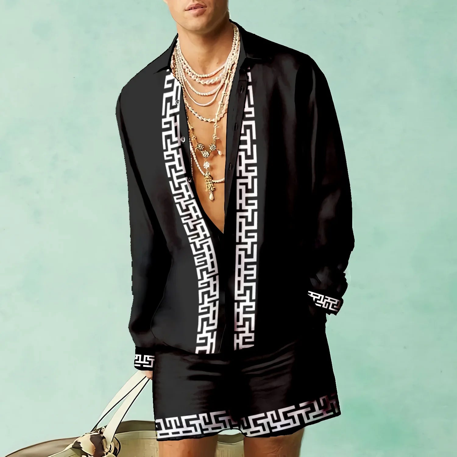 HEARUJOY  -  3D Leopardl Print Men Beach Suits Long Sleeve Lapel Shirts And Shorts Two Piece Set Fashion Hawaiian Casual Loose Outfits