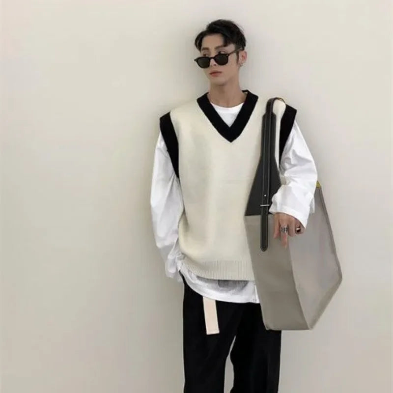 HEARUJOY  -  White Striped Knitted Sweaters For Men Vest V Neck Man Clothes Sleeveless Waistcoat Thick Winter Old Cotton Wholesale Sale S
