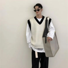 HEARUJOY  -  White Striped Knitted Sweaters For Men Vest V Neck Man Clothes Sleeveless Waistcoat Thick Winter Old Cotton Wholesale Sale S