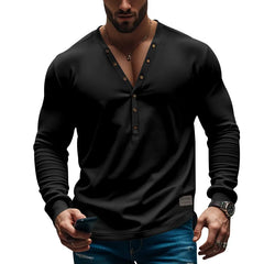 HEARUJOY  -  Men's Spring and Autumn Style American Solid Color Men's T-shirt Long Sleeve Casual Slim Button-down V-neck Blouse