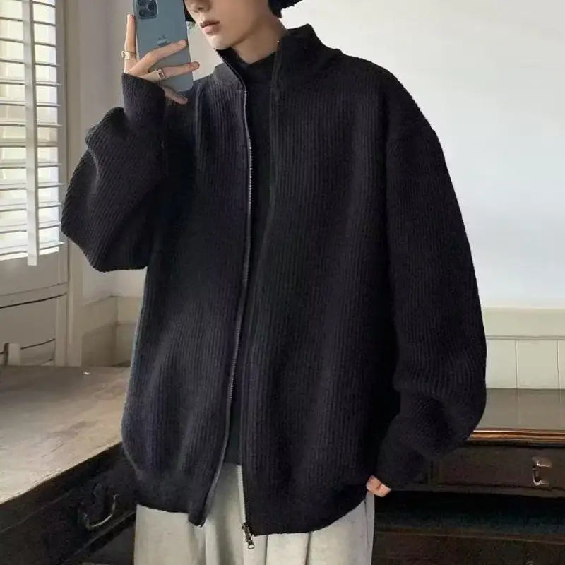 Hearujoy Y2K Knitted Cardigan Sweater Men Blue Long Sleeve Jumpers Jacket Turtleneck Patchwork Zipper Coat Male Korean Clothes