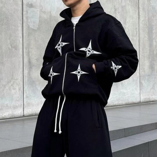Hearujoy Hip Hop Dart Print Oversized Zip Up Hoodie Sweatpants Two Piece Set Y2K Clothes Tracksuit Men Casual Pants Tops Men Clothing
