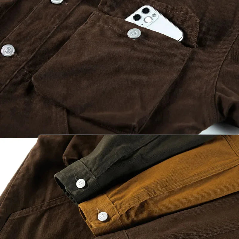 HEARUJOY  -  Men's High-end American Retro Heavy Denim Jacket Spring and Fall New Lapel Loose Single-breasted Cotton Cargo Jacket