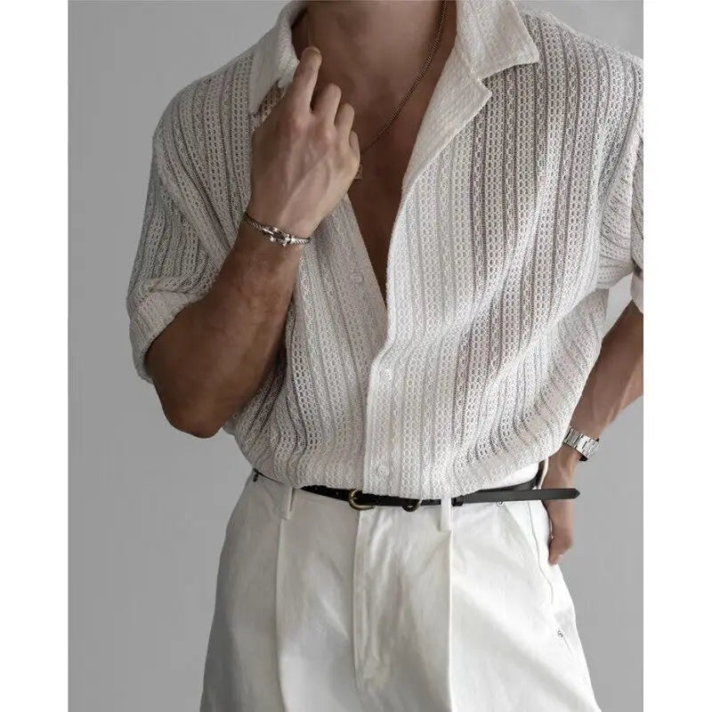 HEARUJOY  -  Summer Short Sleeved Shirt Men Oversized Black White Casual Shirt Men Streetwear Korean Loose Hollow Shirt Mens Hawaiian Shirts