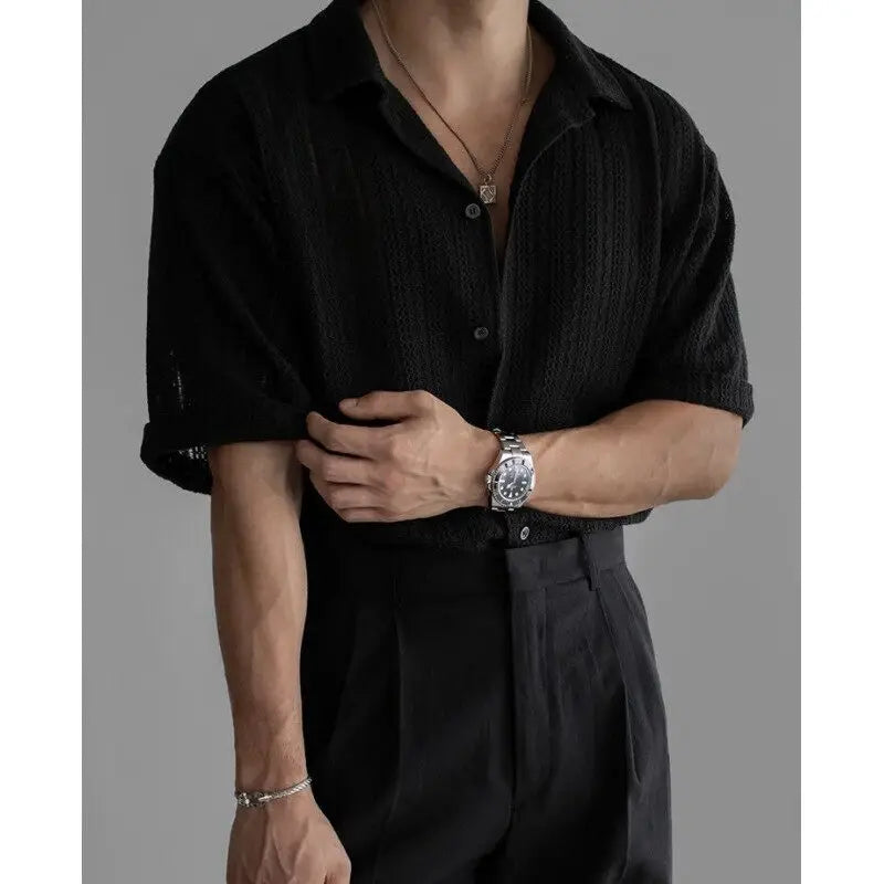 HEARUJOY  -  Summer Short Sleeved Shirt Men Oversized Black White Casual Shirt Men Streetwear Korean Loose Hollow Shirt Mens Hawaiian Shirts